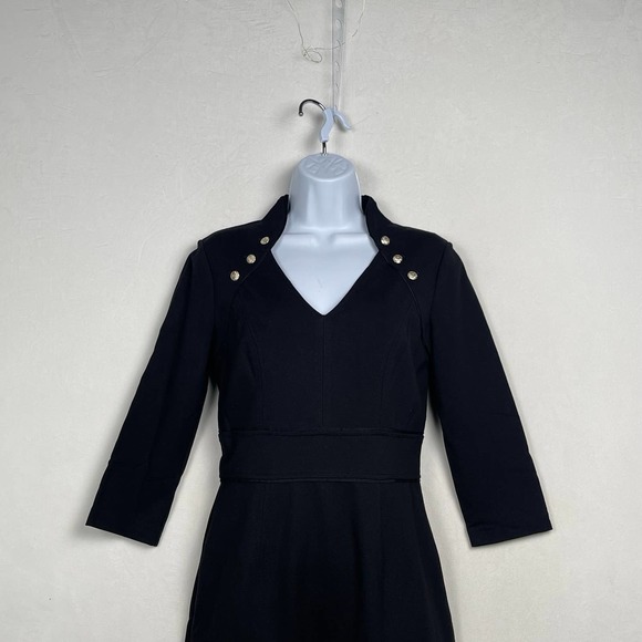 Ponte Knit White House Black Market Black Dress, Military Goldtone Buttons, Sz 2 - Picture 4 of 16